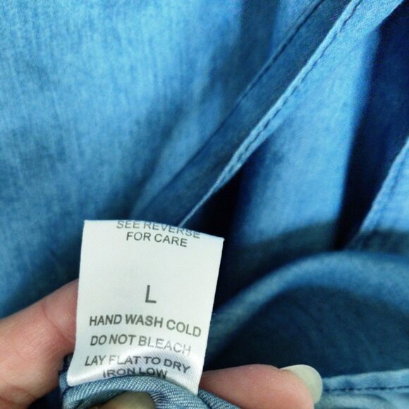 Vanilla Bay Chambray Denim 3/4 Sleeve Button Shirt Short Dress w/Scarf SZ LG EUC - Picture 3 of 11